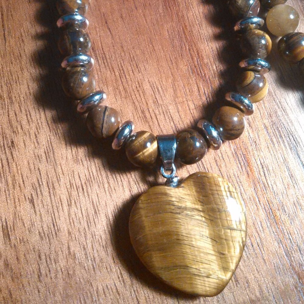 Tiger's Eye Heart Charm Beaded Silvertone Necklace